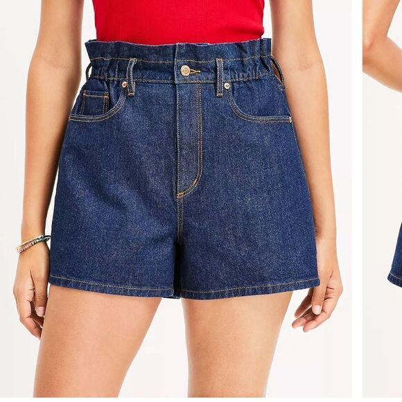 Loft High Rise Paperbag Pull On Denim Shorts in Dark Rinse Size 27/4 NWT - Picture 1 of 9